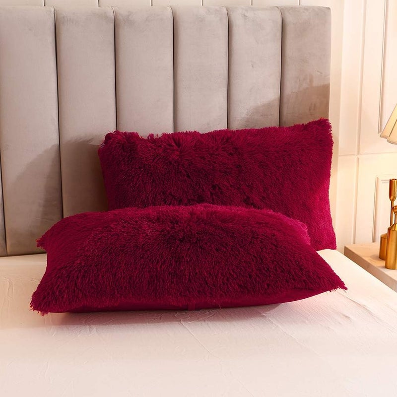 Uhamho Faux Fur Velvet Fluffy Bedding Duvet Cover Set Down Comforter Quilt Cover with Pillow Sham, Ultra Soft Warm (Burgundy, Twin) - Image 5